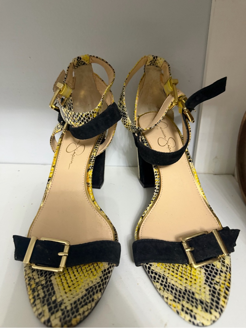 Jessica Simpson Yellow Snake-Print & Black Suede Block Heel Sandals